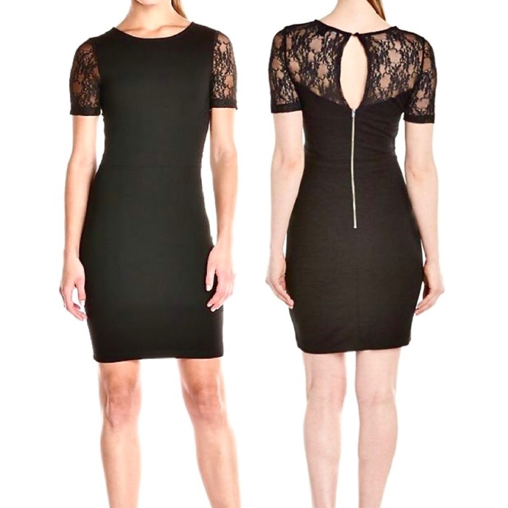 French Connection Linear Wrap Black Lace Short Sleeve Dress Zip Back Keyhole